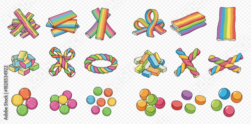 Colorful collection of rainbow-striped candies and round sweets in various shapes and arrangements.