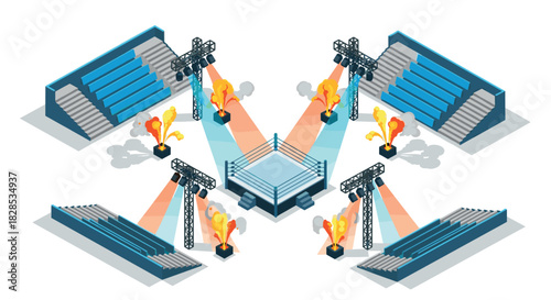 Dynamic isometric arena with ring and colorful lights for events and competitions