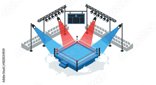 Isometric boxing ring with stage lighting in empty arena setting