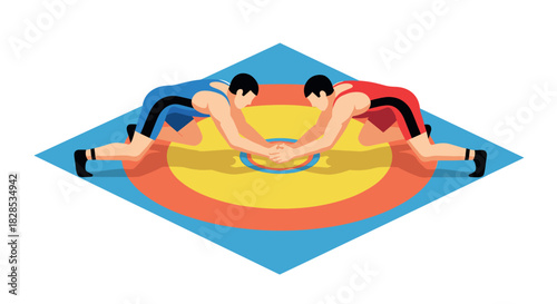 Dynamic isometric wrestling match with athletes in colorful sportswear