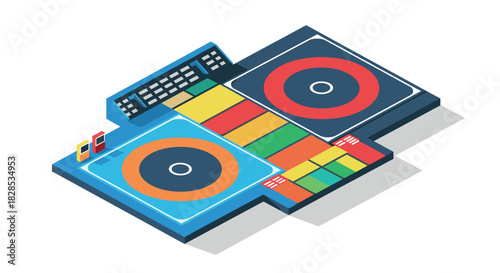 Isometric wrestling arenas with scoreboards and colorful design