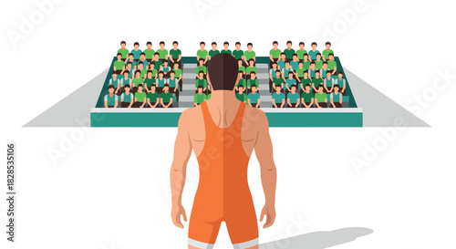 Wrestler facing audience in arena with stadium crowd watching in minimalist art style