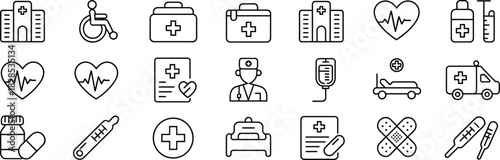 Comprehensive medical and healthcare outline icons set, featuring hospital, doctor, wheelchair, heartbeat, ambulance, medicine, first aid kit, thermometer, and bed, for web and mobile design,