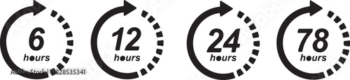 Illustration showing time duration with 6, 12, 24 and 78 hours isolated on, representing different time intervals