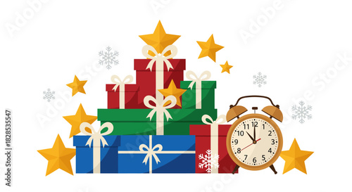 Cute winter gifts stacked high with golden stars and snowflakes, an alarm clock ticking towards joyous Christmas and New Year celebrations, a charming festive illustration