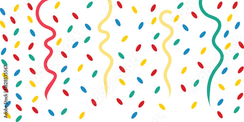 Colorful confetti and wavy streamers background. Festive celebration pattern with multicolor party serpentine. Vibrant decorative vector for events and holiday designs