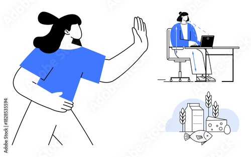 Dairy allergy concept. A person showing a rejecting gesture with dairy products and a remote work scene health, lifestyle choices, and dietary adjustments. Perfect for health awareness, lifestyle