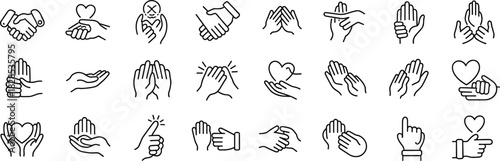 Comprehensive hand gestures and interactions line icons set, including handshake, heart symbol, pointing, clapping, applause, open palm, and prayer hands, for communication and relationship design,