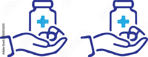 two hand holding bule line bottle icons set vector 