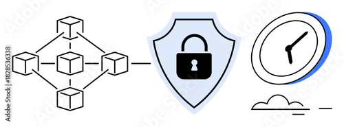 Blockchain structure connected to a shield with lock icon and clock symbol. Ideal for security, blockchain, data integrity, decentralized system, reliability, technology, time management. Simple flat