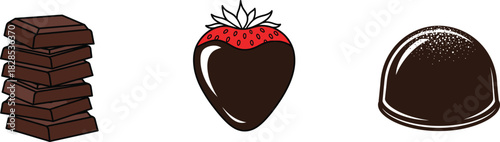 A trio of decadent chocolate treats a tall stack of dark chocolate squares a chocolate dipped strawberry with a red bow and a glossy chocolate egg