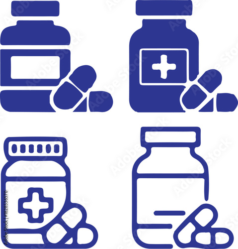 bule medicine pill bottle icons set vector design 
