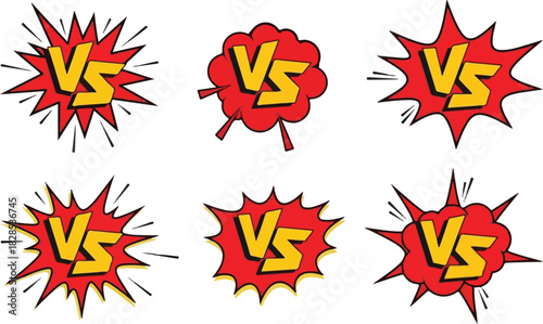 Collection of six vibrant versus symbols isolated on, each bursting with dynamic energy and comic book style appeal for showdowns