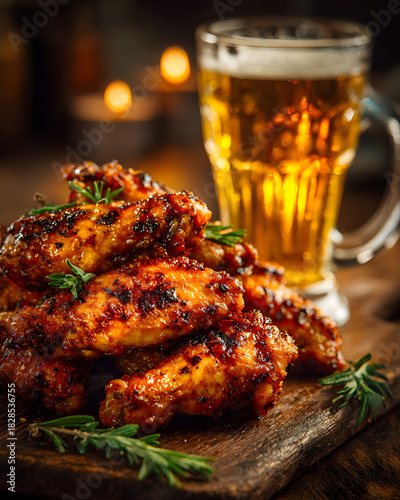 Fototapeta Naklejka Na Ścianę i Meble -  delicious chicken wings with a beer. Tasty poultry appetizer alongside an alcoholic beverage pub fare eatery refreshment snack gastronomy flavor treat indulgence brew drink
