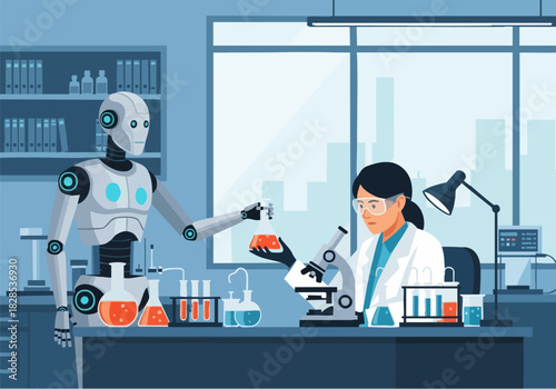 A scientist works with a robot assistant in a laboratory, conducting research with beakers, test tubes, and a microscope.