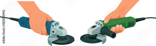 Hands Holding Electric Angle Grinders with Cutting Wheels, Power Tools Used for Grinding, Cutting, and Polishing Metal and Stone in Construction and Workshop Projects.