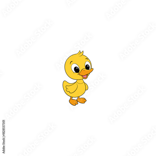 Adorable cartoon yellow duckling with big eyes and orange beak smiling