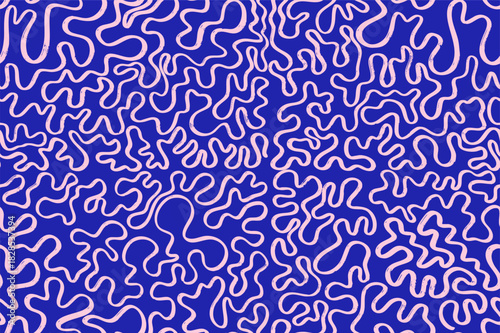 Seamless groovy pink striped pattern. Abstract Y2K geometric wavy lines with hand drawn brush texture. Continuous line background in retro style on blue background. Vector seamless brush line design.