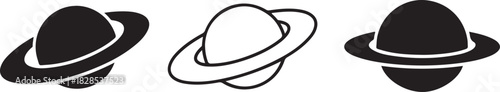 Three black and white vector icons of planets with rings isolated on, representing space, astronomy, and science
