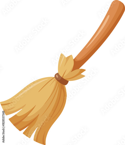 Cartoon broom vector with wooden handle and straw bristles for household cleaning or magical themes