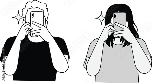 Man and woman taking selfie with smartphone while hiding face, black and white line art vector illustration for social media.