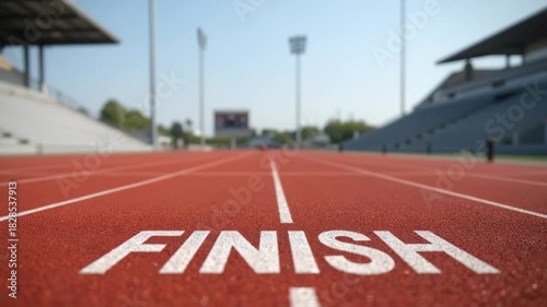 close up of finish line on the red track of modern stadium 
