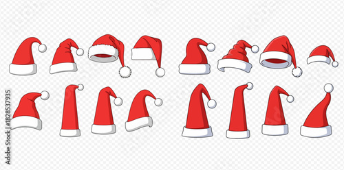 A diverse collection of red Santa hats with white fur trim and pom-poms, presented in various styles and orientations.