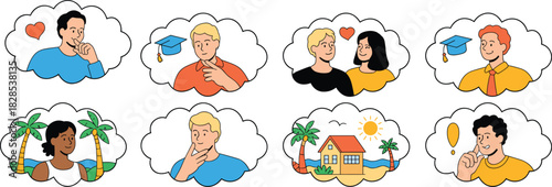 People Thinking About Future Goals, Aspirations, and Life Choices Illustration, Including Love, Education, Travel, Family, and Financial Freedom, Flat Vector.