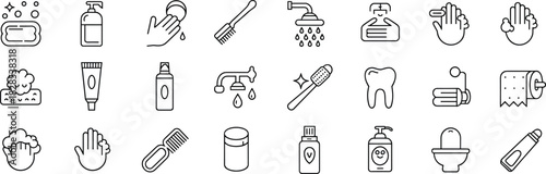 Personal hygiene and bath line icons set, including soap, toothbrush, hand washing, shower, comb, toothpaste, towel, and toilet paper, for web and print design,