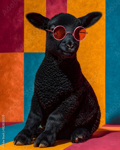 Animal fashion cool lifestyle Stylish black lamb wearing pink sunglasses against vibrant geometric background.