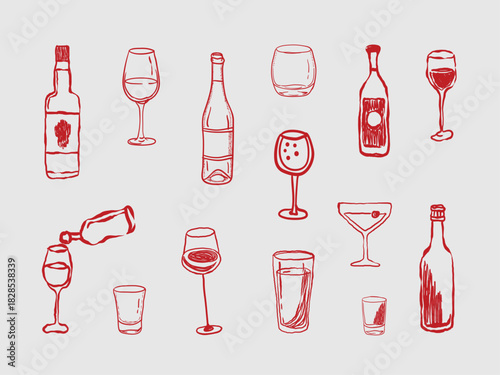 Cocktail, wine doodles hand drawn icon set. Red wine sketch. Outline Drawing Cocktails line clipeart symbol vector. Wine bottle doodles set, wine glass