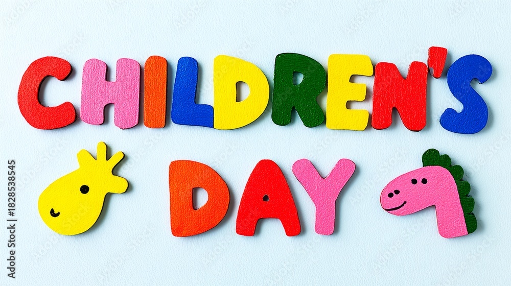 Obraz premium Colorful letters spelling out Children's Day, featuring playful animal shapes, arranged on a soft blue background, creating a cheerful and festive atmosphere for celebration and joy