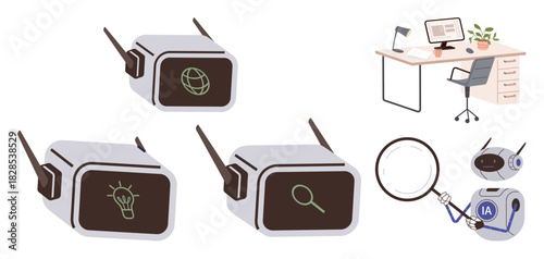 Small AI robots displaying global connection, lightbulb, and search visuals alongside an organized workspace. Ideal for technology, innovation, AI, analysis, connectivity, automation future concept