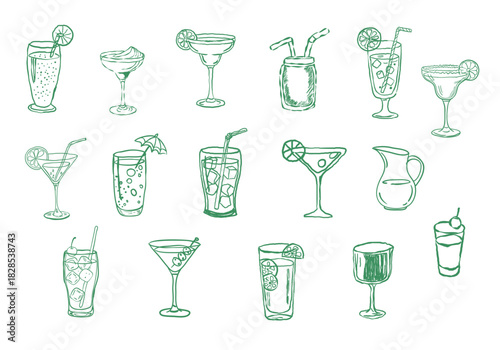 Hand drawn sketch style glass, wine, juice set. Vector cute elegant doodle line illustration. Lemons, illustration