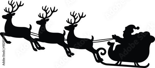 Silhouette of Santa Claus riding sleigh pulled by reindeer in festive Christmas scene, perfect holiday vector illustration for seasonal design projects