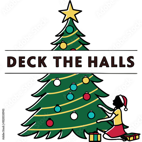 Deck the Halls – Woman Decorates Christmas Tree Vector, Holiday Banner Graphic, Festive Season Illustration, Celebrating December, Star Topper and Colorful Ornaments, Red and Green & Isolated Design