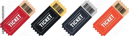 Four colorful tickets isolated on, representing admission, event entry, or raffle participation, with a barcode for verification