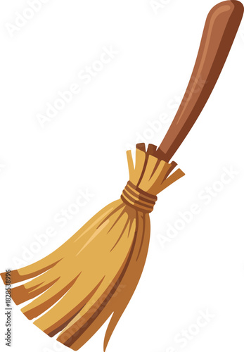 Classic household broom vector illustration with natural straw bristles and a sturdy wooden handle for cleaning tasks