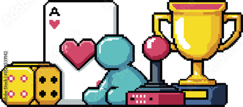 Pixel art composition with casino dice, ace of hearts, arcade joystick, gold trophy, and game avatar for retro gaming design.