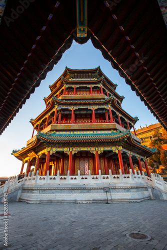 Photography Foxiang Pavilion ancient architecture sunset scenery in Summer Palace, Beijing,