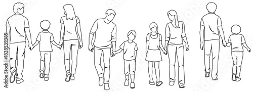 Set of walking families, vector silhouettes of men and women with children and teenagers, front and back view, profile, hand drawn, linear sketch, black and white color, isolated on white background