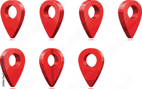 Set of Glossy 3D Red Map Pointer Pins Vector Illustration in Various Angles, Ideal for Location Tracking, GPS Navigation, Geographical Markings, Destination, and Place Identification Interface.