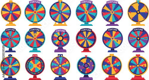 Large Collection of Colorful Spin the Wheel of Fortune Vector Illustrations with Prizes and Game Segments, Ideal for Gambling, Trivia Games, Promotion, Chance, and Winning Concepts