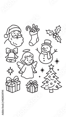 Christmas Doodle Coloring Page – Santa, Angel, Snowman, Tree & Holiday Icons