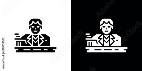 Clerk at Desk Icon, Minimalist Style, Office Worker, Employee, Black and White