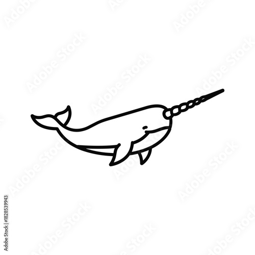 A cute narwhal with a horn swimming in the ocean isolated on, a simple line drawing