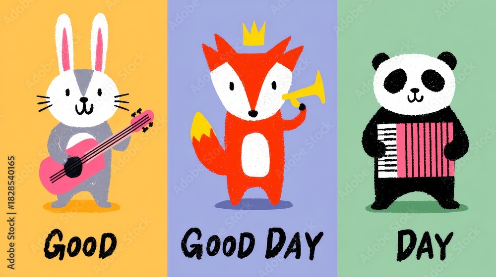 Obraz premium Colorful illustration featuring a rabbit playing guitar, a fox with a trumpet, and a panda playing accordion, celebrating a joyful day with vibrant backgrounds and playful expressions