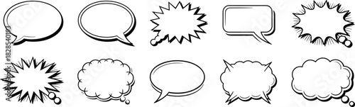 Set of comic speech and thought bubbles, in various retro pop art styles with explosion and cloud shapes, for cartoon, chat, dialogue, and message design,