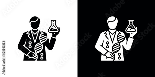 Scientist holding flask with DNA. Editable Stroke on transparent background
