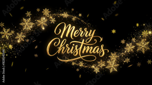 Elegant golden Merry Christmas text with a sparkling snowflake particle trail